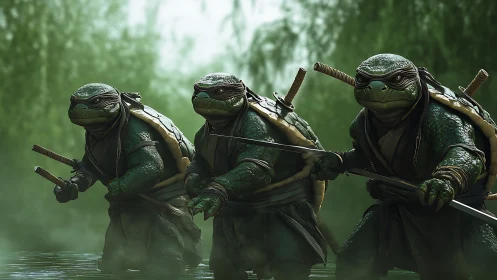 Ninja turtle trio steps forward through misty green waters