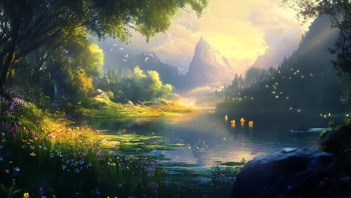 Sunlit mountain lake reflects forest shore and distant peaks