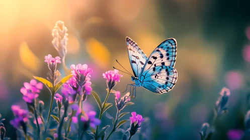 Blue butterfly rests among glowing pink wildflowers at dusk.