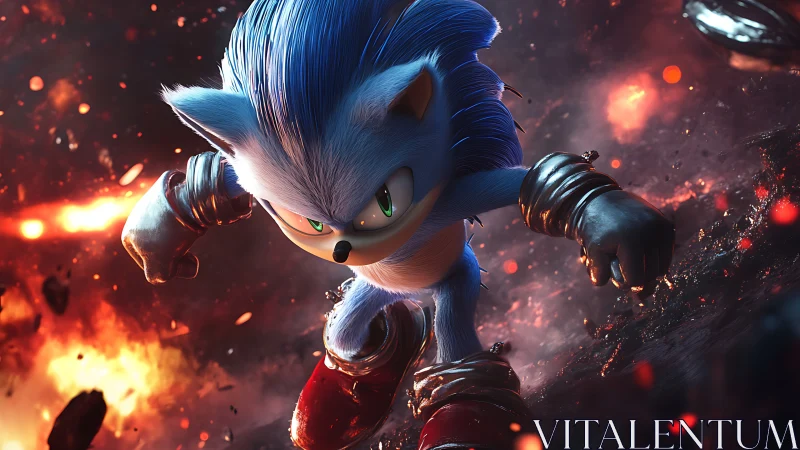 High-energy blue speedster in fiery cinematic battle charge