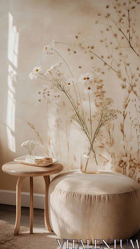 Neutral living corner with daisies, ottoman and side table.