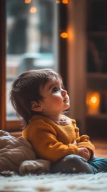 Gilded Wonder: Child Gazes Beyond the Amber-Lit Window.