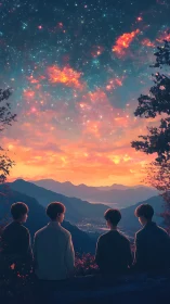 Friends watch a glowing cosmic sunset over distant valleys.