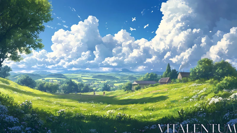 Sunlit rural valley rendered in luminous anime landscape art