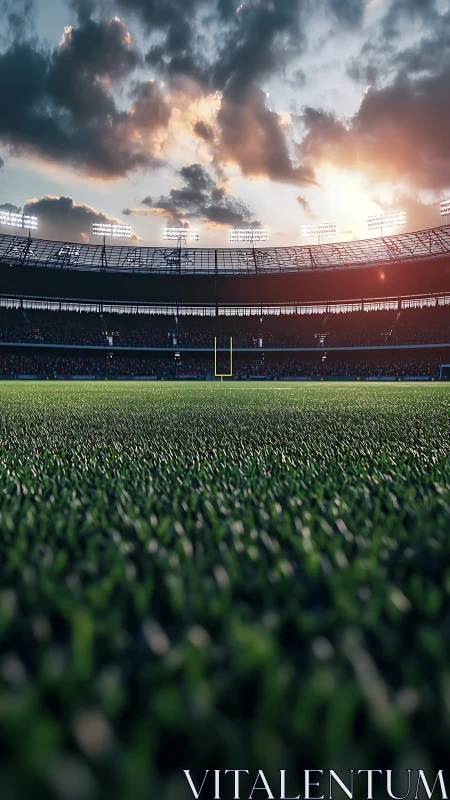 Low-angle stadium turf view with sunset-lit goalposts and crowd