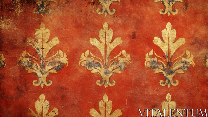 Vintage damask wallpaper with distressed gold fleur-de-lis.