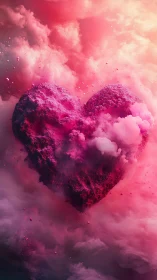 Heart-shaped powder explosion in vibrant pink mist