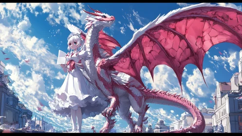 Anime girl with crimson dragon under expansive urban sky