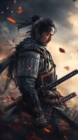 Armored swordsman standing amid drifting embers outdoors.