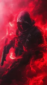 Hooded tactical operator in red volumetric nebula haze