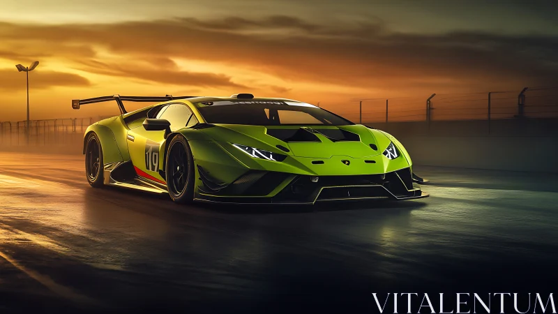 Green GT race car remains stationary on wet track at sunset