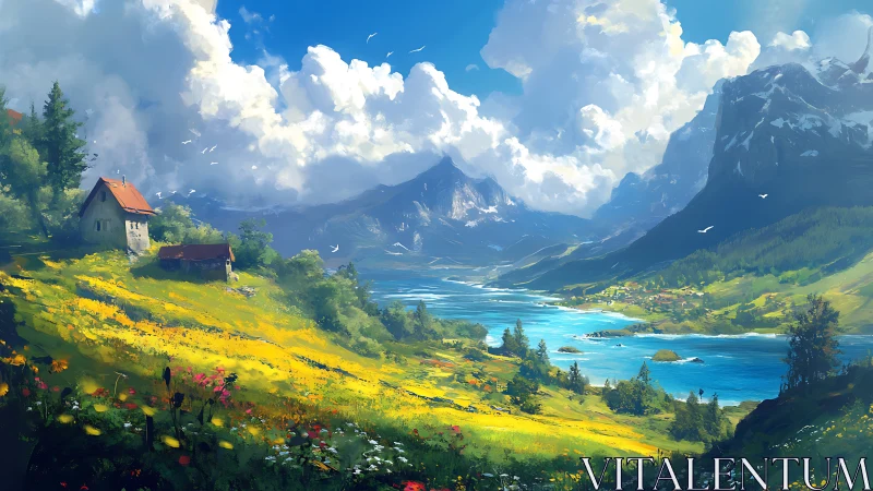 Sunlit lakeside valley welcomes quiet cottages and peaks