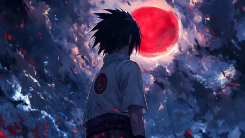 Lone warrior beneath a bloodred moonstormed sky.