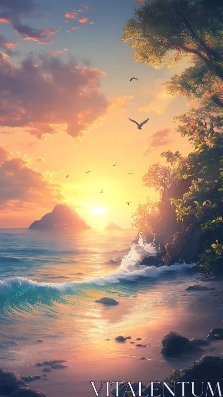 Solitary figure watches the sun descend over reflective shore.