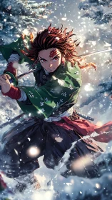 Snow-swept sword fighter charging through a winter storm.