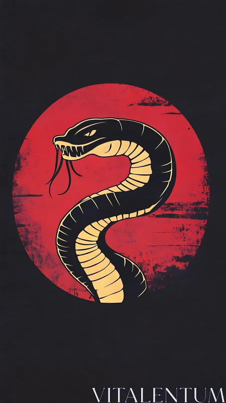 Graphic serpent emblem within distressed red circular field.