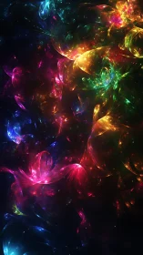 Multicolored fractal light formations occupy a dark field