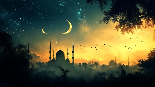 Moonlit skyline over dreamy desert city at glowing dawn.