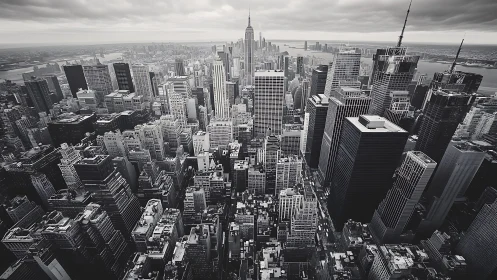 Monochrome aerial megacity grid with receding vertical skyline.