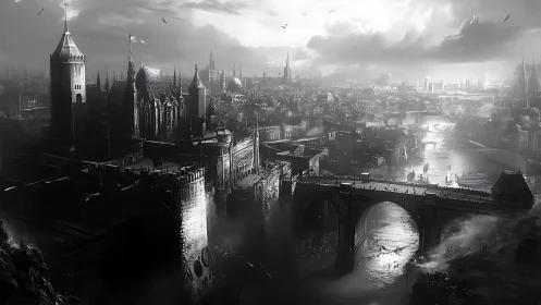Brooding gothic cityscape looms over misty river and bridges