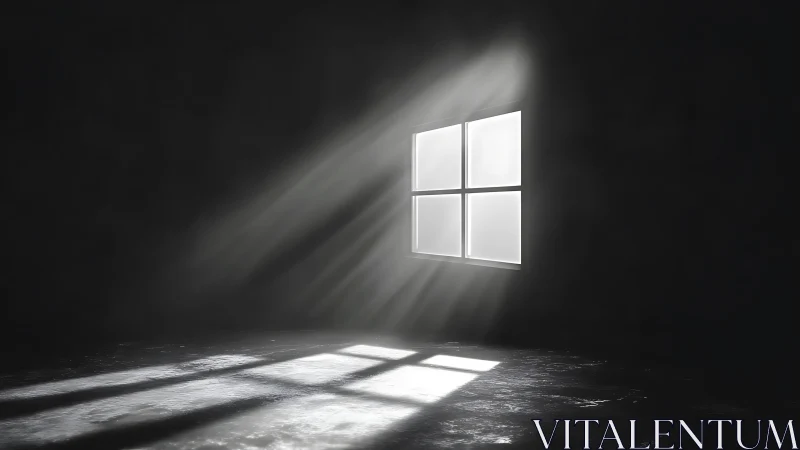 Luminous window grid casting stark rays into darkness.