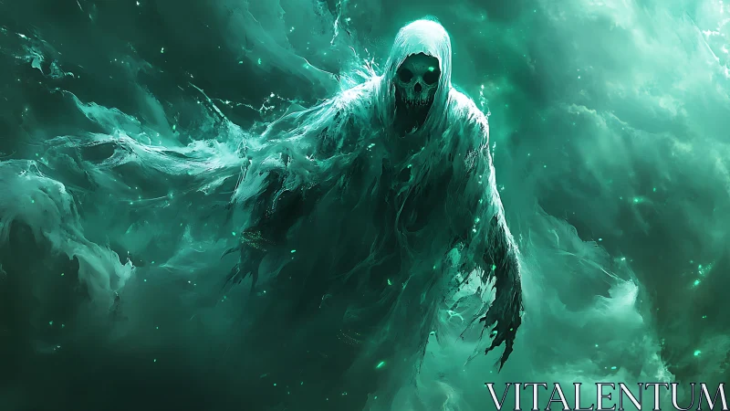 Spectral wraith emerges from turbulent teal nebula with decayed skull