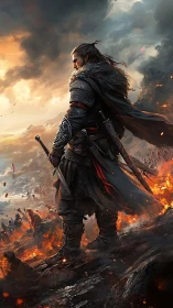 Warrior overlooking burning battlefield under storm skies.