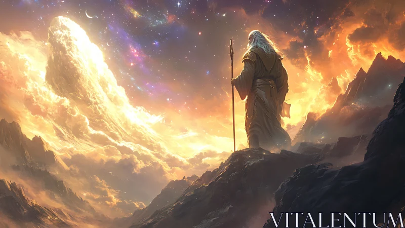 Starlit sage wandering the molten skies of a newborn world.