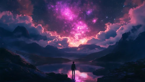 Solitary figure observing luminous nebula over mirrored lake