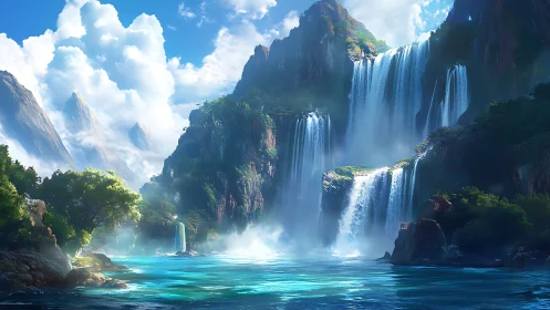 Sunlit fantasy waterfalls cascade into misty turquoise bay