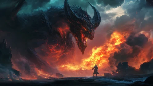 Blazing titan bends toward lone warrior in storm-torn ruin