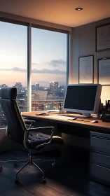 Twilight corner office glows above the quietly waking cityscape.