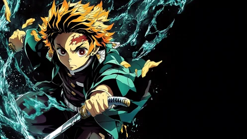 Anime swordsman lunges forward with water energy arc.