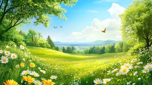 Sunny wildflower meadow opening to soft rolling hills.