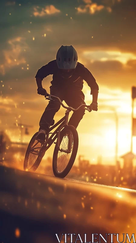 BMX rider carves sunset-lit urban ramp in golden sparks