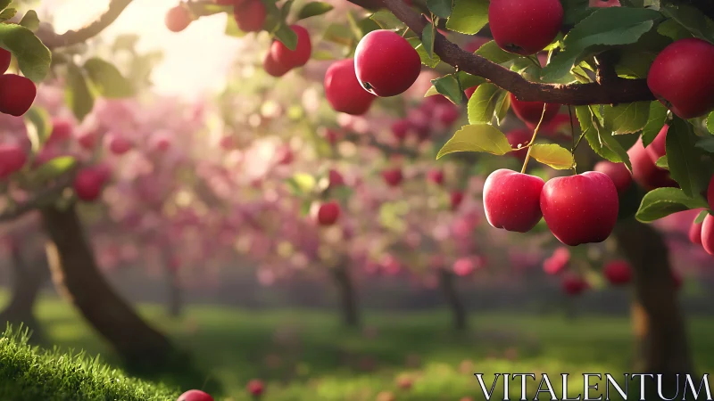 Sunlit apple orchard where ruby fruit glows like lanterns.