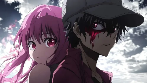 Two anime characters back to back under cloudy sky.