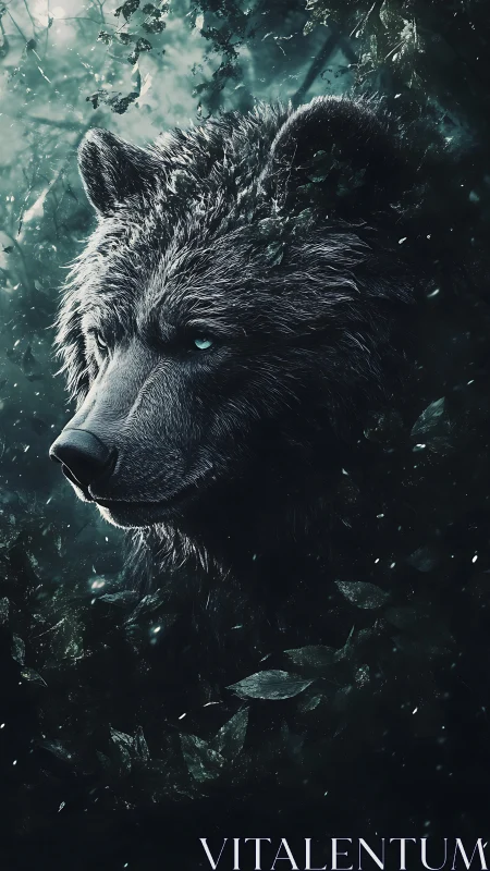 Cinematic digital painting of a spectral bear in foliage.