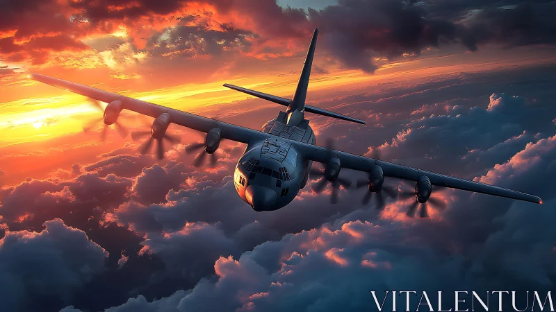 Sunset flight over glowing clouds in a calm open sky.