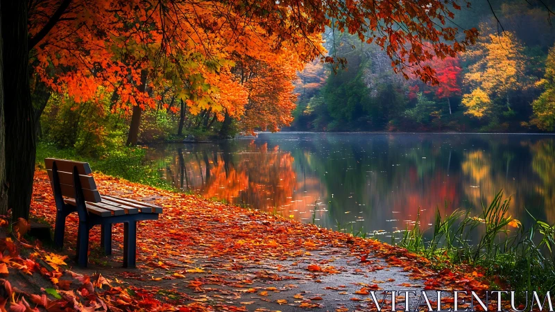 Quiet lakeside bench basks in the glow of peak autumn color