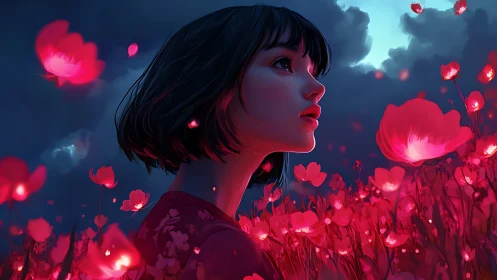 Girl in glowing poppy field under deep twilight sky.