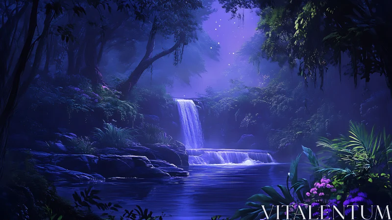 Moonlit jungle waterfall dreaming in deep indigo hush.