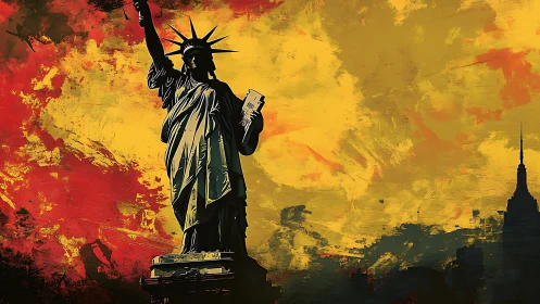 Statue of Liberty silhouette against high-contrast abstract sky field
