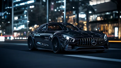 Black Mercedes sports coupe glides through neon city night streets