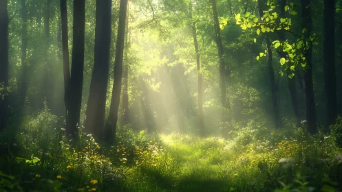 Sunbeams in a Lush Green Forest, Serene Nature Scene.