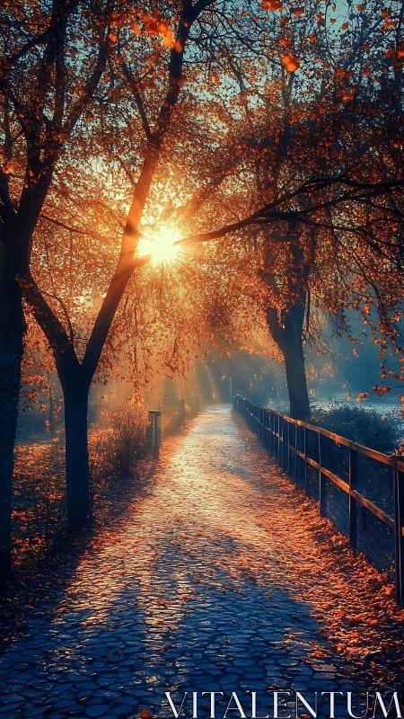 Cobblestone path under trees with low autumn sunlight rays.
