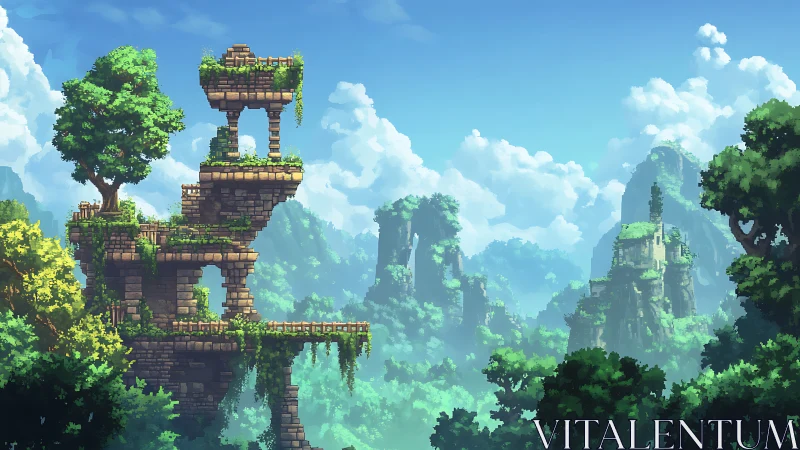 Tiered jungle stone ruin tower with distant misty cliffs