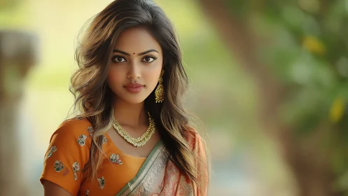 Elegant Indian Woman in Orange Saree, Soft Natural Light Portrait.