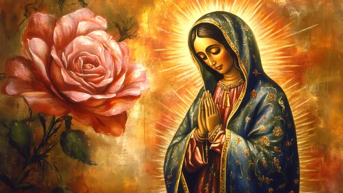 Marian iconography with radiant halo and rose on gold field.