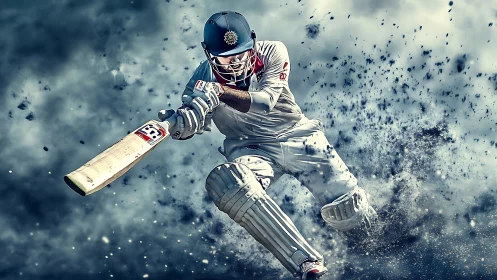 Cricket batsman drives ball through exploding dust storm